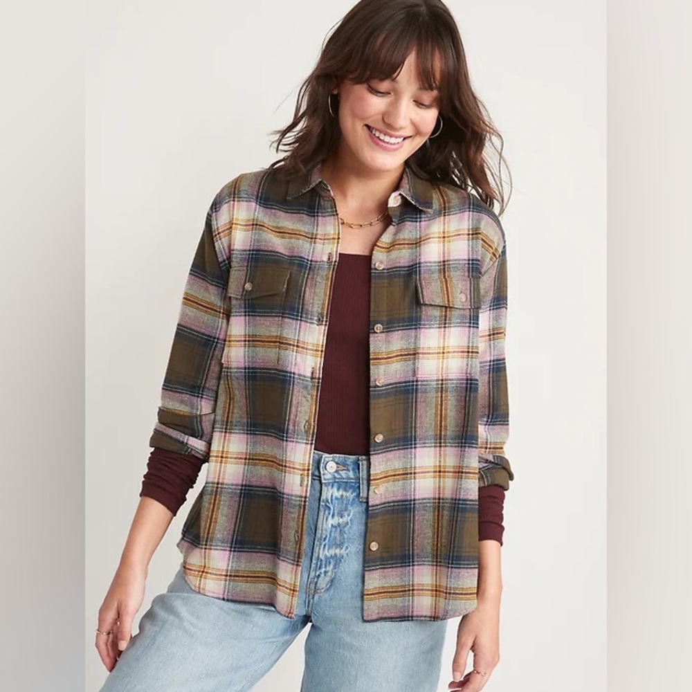 Old Navy Boyfriend Flannel Plaid Button Up Long Sleeve Shirt